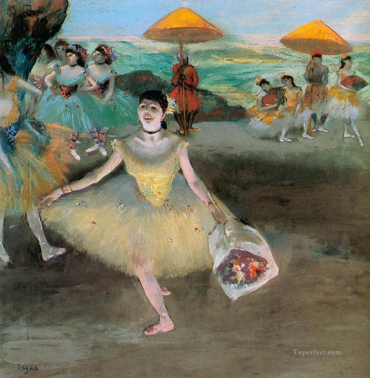お辞儀をする花束を持つダンサー 1877年 エドガー・ドガ油絵